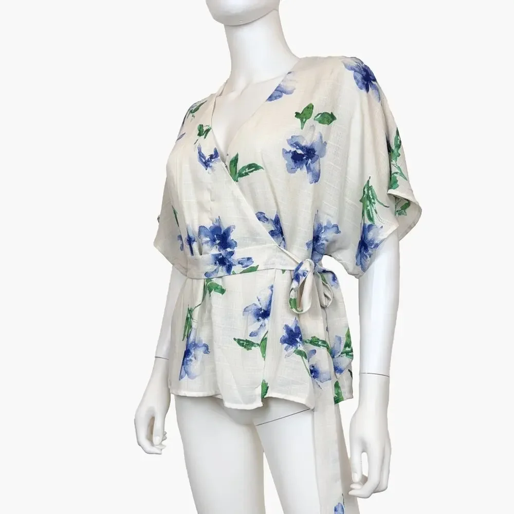 NWT COLLECTIVE CONCEPTS Semi-Sheer Floral Wrap Blouse (Ivory | Size S) - Picture 3 of 10